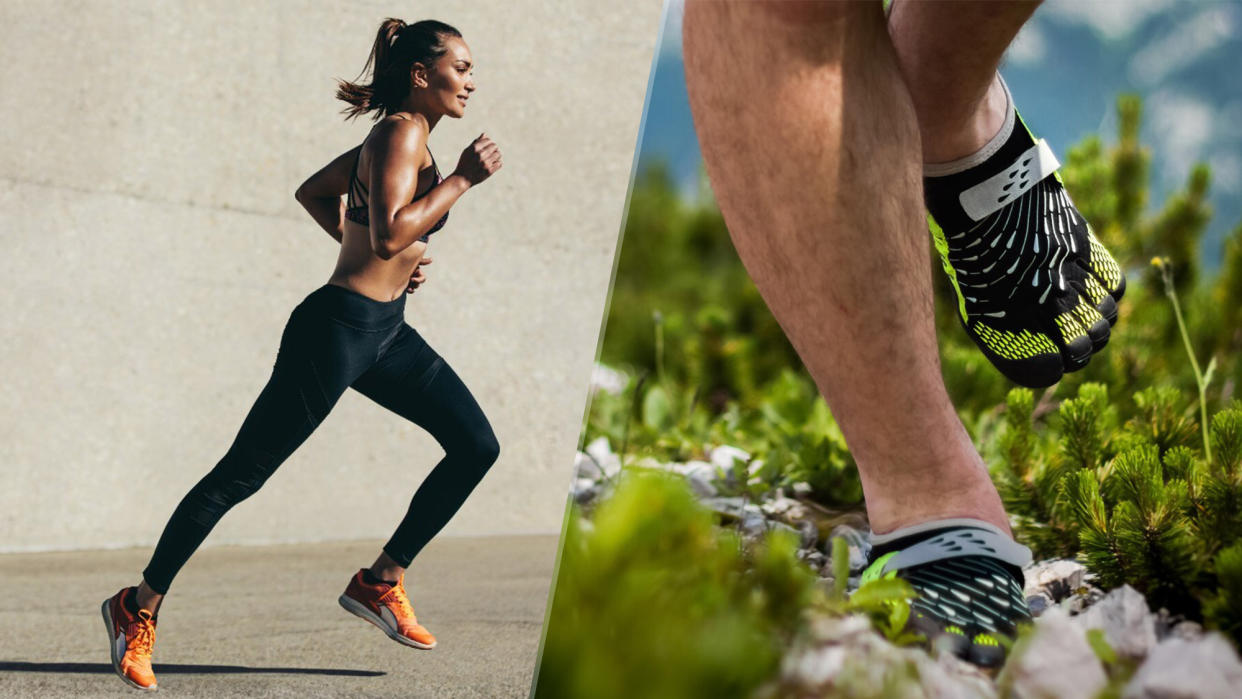  Image left woman running outdoors and image right close up of someone barefoot running. 
