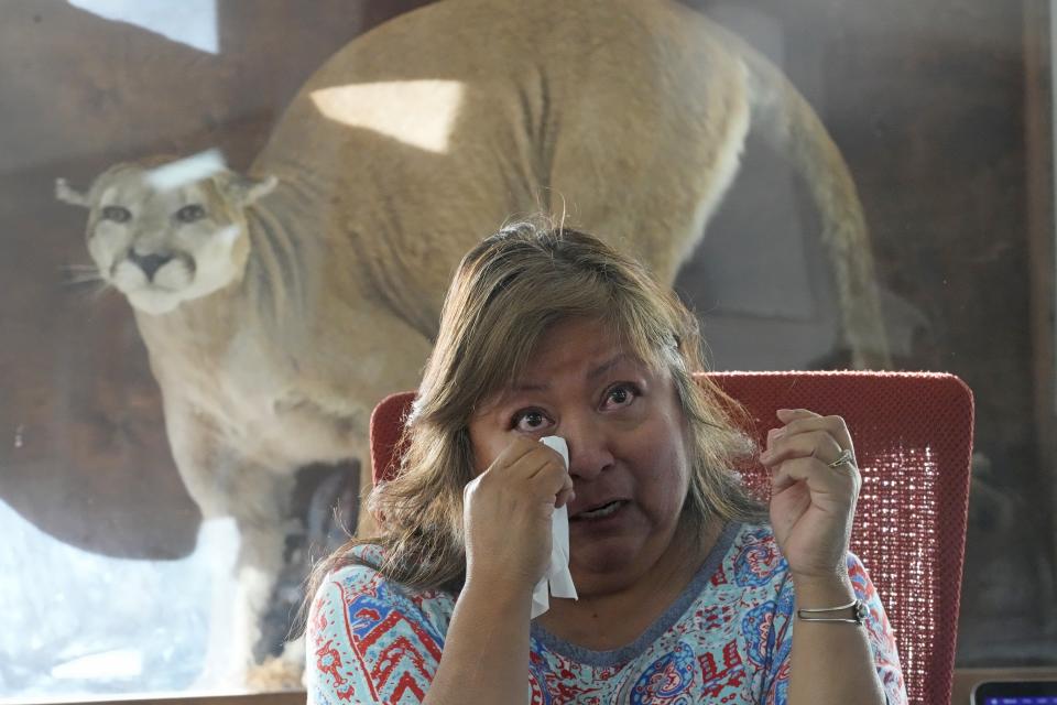 Charlene Pete, a member of the Confederated Tribes of Goshute, recounts in Ibapah, Utah, on Nov. 12, 2023, how her mother first told her about the violence her ancestors experienced at Bahsahwabee. "That's the first time I had ever seen my mom emotional like that," Pete said. (AP Photo/Rick Bowmer)