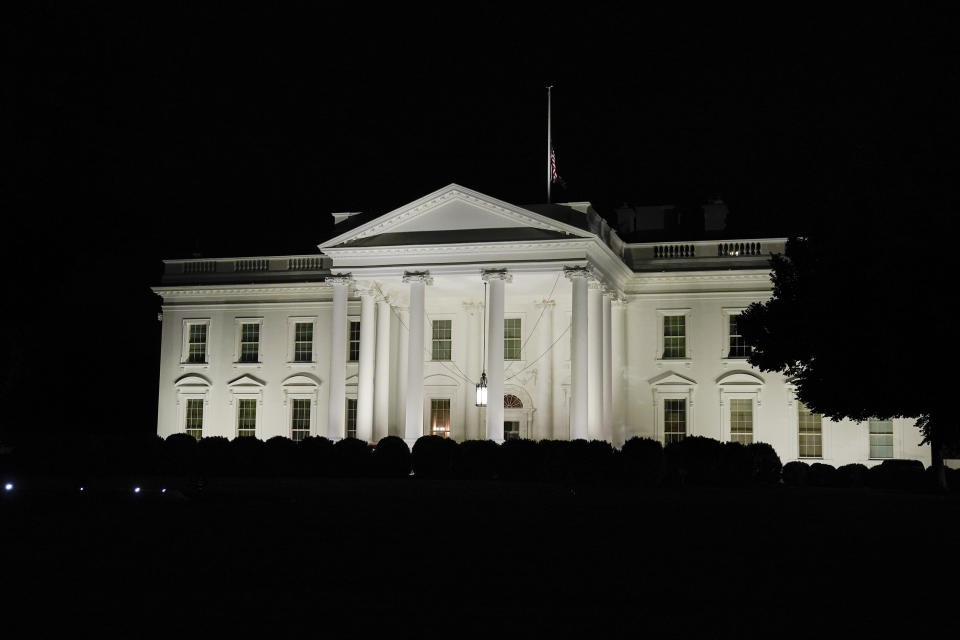 The American flag flies at half staff on the White House after President Joe Biden spoke about the mass shooting at Robb Elementary School in Uvalde, Texas, from the White House, in Washington, Tuesday, May 24, 2022. (AP Photo/Manuel Balce Ceneta)