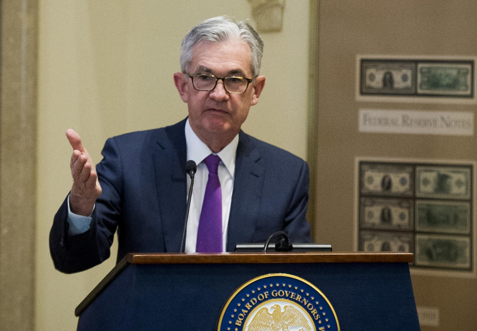 FILE - In a Thursday, Nov. 29, 2018 file photo, Federal Reserve Chairman Jerome Powell addresses the Federal Reserve Board's 15th annual College Fed Challenge Finals in Washington.(AP Photo/Cliff Owen, File)