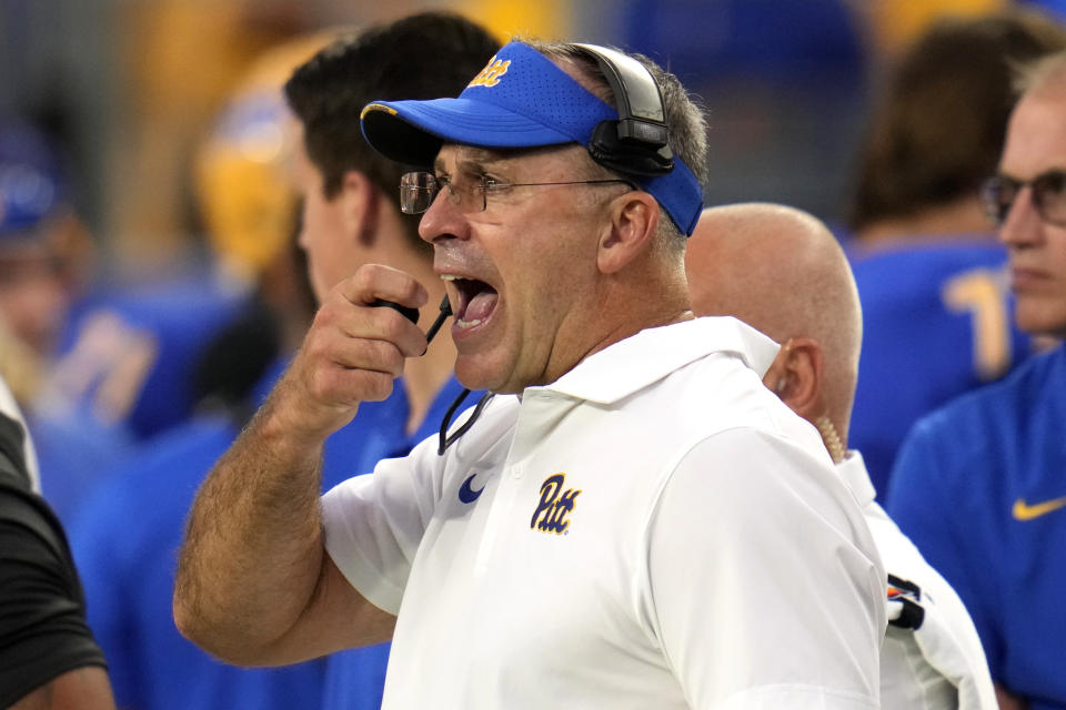 Pittsburgh coach Pat Narduzzi yells to players during the first half of the team's NCAA college football game against Cincinnati in Pittsburgh on Saturday, Sept. 9, 2023. (AP Photo/Gene J. Puskar)