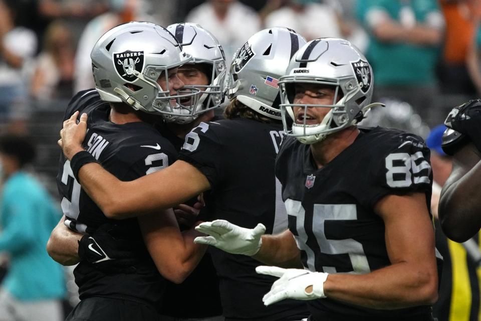 Las Vegas Raiders kicker Daniel Carlson kicks the game-winning field goal.