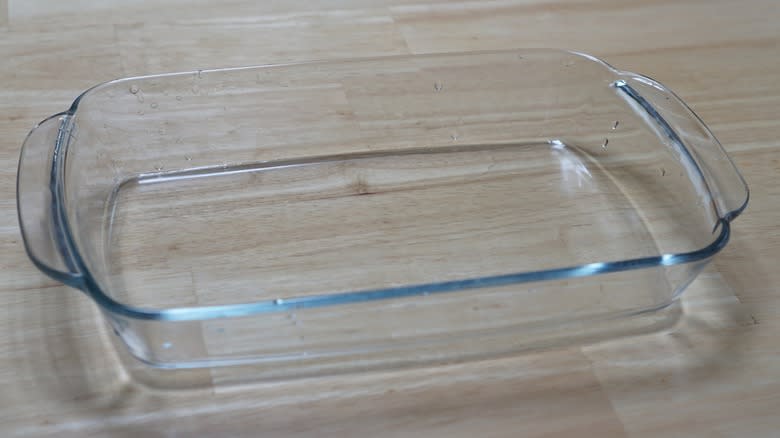 glass baking dish on wooden table