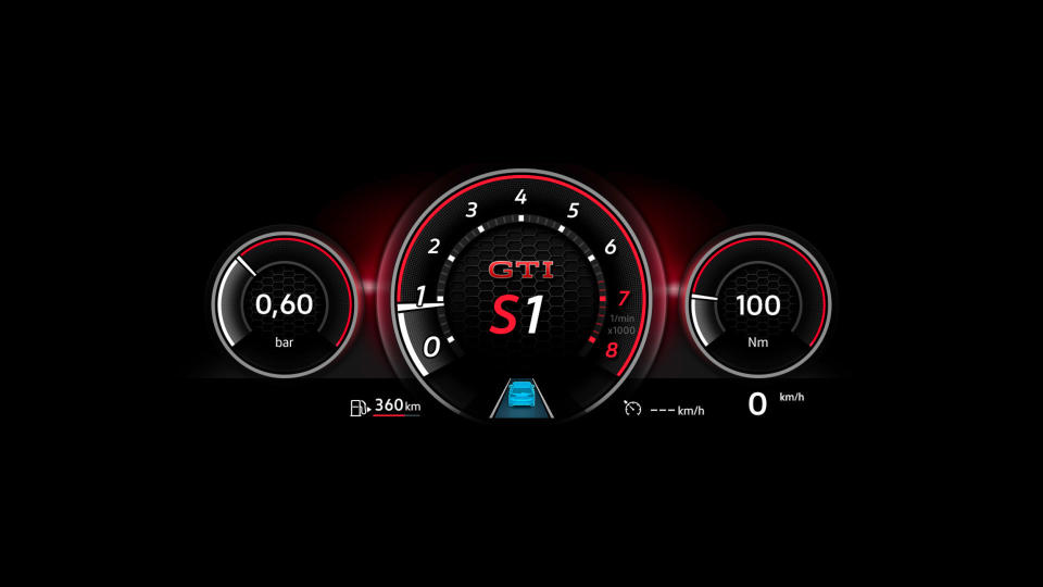 Golf 8 GTI 配備的 Digital Cockpit Pro 10.25 吋全邏輯數位化儀表有著專屬介面設計。