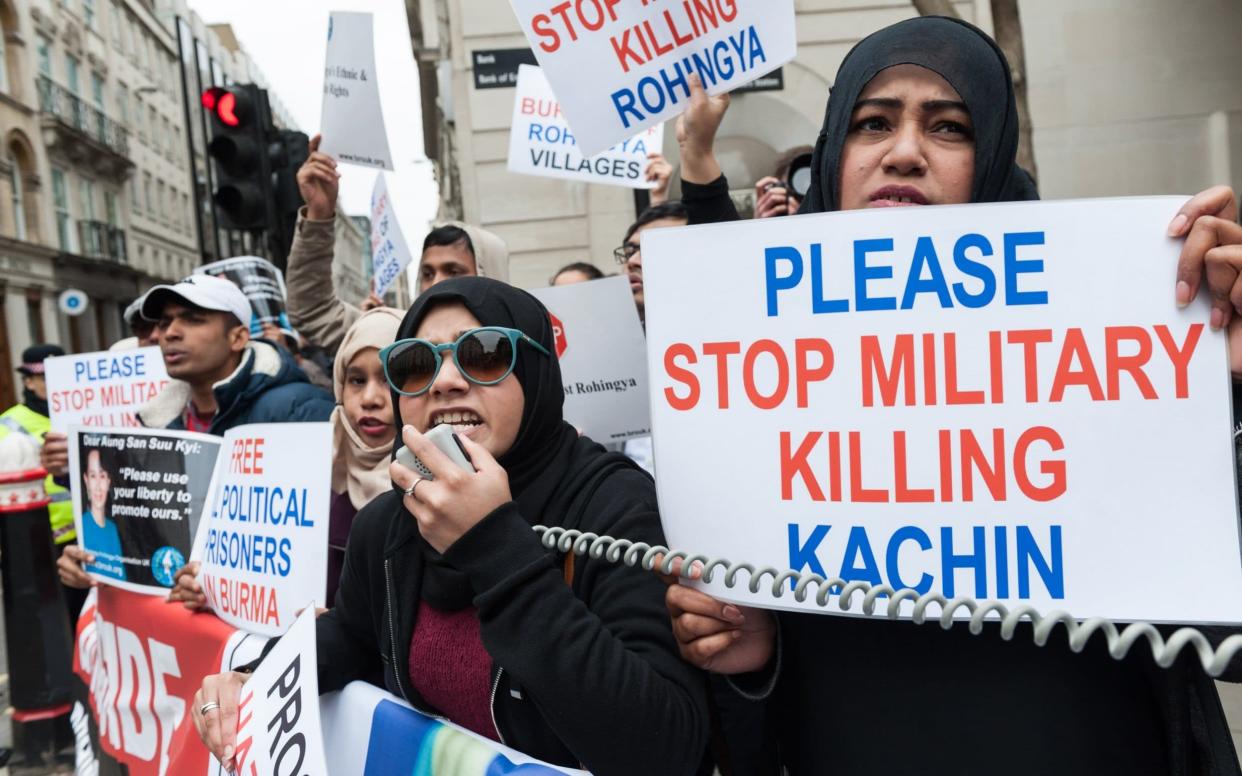 Members of the Rohingya, Karen and Kachin ethnic minorities protest against human rights abuses in Myanmar, as Aung San Suu Kyi, the Burma State Counsellor receives the Freedom of London award in the Guildhall Old Library in the City of London on May 08, 2017 in London, England.  - Barcroft Media