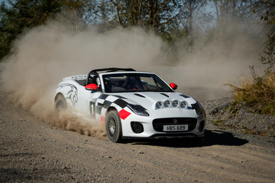 A four-cylinder engine powers the F-Type rally car