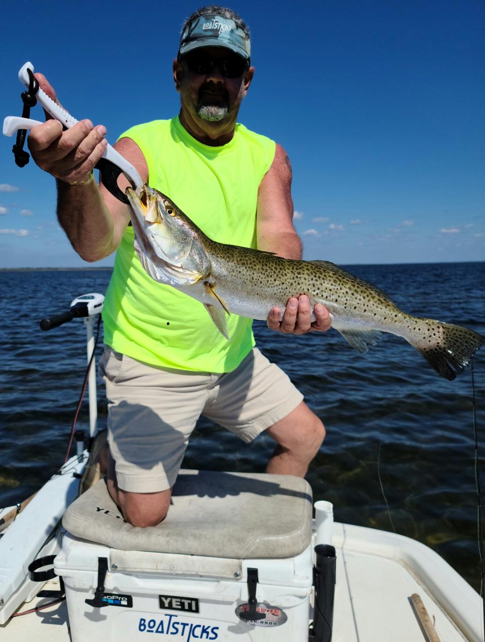 Cliff "JR" Mundinger holds up his biggest speckled seatrout to date. 27.5" beauty was caught just east of St Marks Lighthouse.