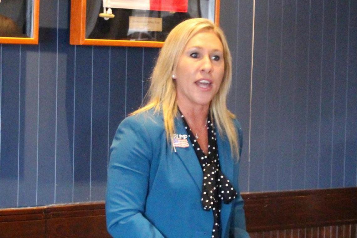 Republican Marjorie Taylor Greene speaks to a GOP women's group in Rome, Georgia: (John Bailey The Rome News-Tribune via the Associated Press)