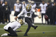 New Orleans Saints' Brian Johnson (6) kicks a 33-yard file goal against the Seattle Seahawks late in the second half of an NFL football game, Monday, Oct. 25, 2021, in Seattle. (AP Photo/Ted S. Warren)