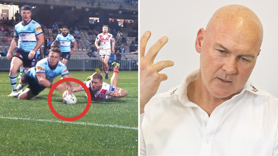 Dragons coach Paul McGregor (pictured right) gesturing in anger and Sharks player Jack Williams scoring a try (pictured right).