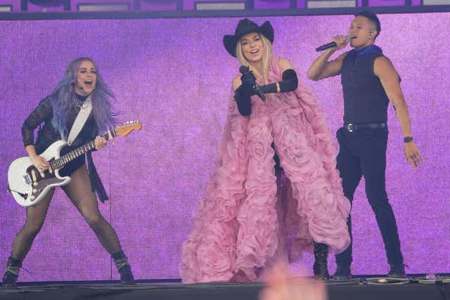 Shania Twain performing on the Pyramid Stage at the Glastonbury Festival