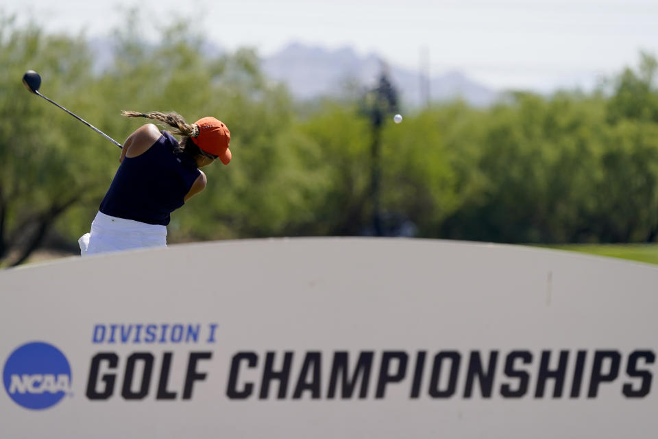 Auburn golfer Megan Schofill hits from the sixth tee during the NCAA college women's golf championship semifinal at Grayhawk Golf Club, Tuesday, May 24, 2022, in Scottsdale, Ariz. (AP Photo/Matt York)