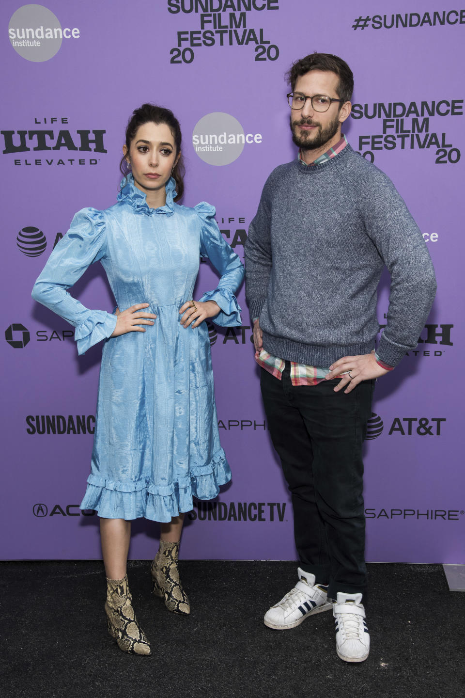 Cristin Milioti and Andy Samberg attend the premiere of "Palm Springs" at the Library Center Theatre during the 2020 Sundance Film Festival on Sunday, Jan. 26, 2020, in Park City, Utah. (Photo by Charles Sykes/Invision/AP)