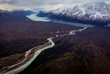 FILE PHOTO - A river flows from a lake fed by the Melburn Glacier in Tatshenshini-Alsek Park, as seen during a flight over northwest British Columbia, Canada on October 7, 2014. Tatshenshini-Alsek park contains one million hectares (2.8 million acres) of wilderness in the northwest corner of British Columbia and lies between Kluane National Park and Reserves in the Yukon and Glacier Bay & Wrangell-St. Elias National Parks and Preserves in Alaska. REUTERS/Bob Strong/File Photo