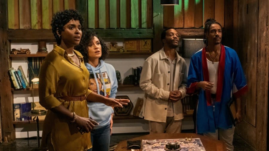 “The Blackening” stars (from left) Antoinette Robertson as Lisa, Grace Byers as Allison, Jermaine Fowler as Clifton, and Dewayne Perkins as Dewayne. The Starz film is a genuine slasher with hilarious twists. (Photo: Glen Wilson)