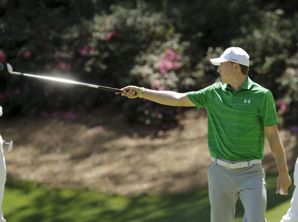 Jordan Spieth gestures on the 13th hole during a practice round for the Masters golf tournament Tuesday, April 4, 2017, in Augusta, Ga. (AP Photo/Charlie Riedel)