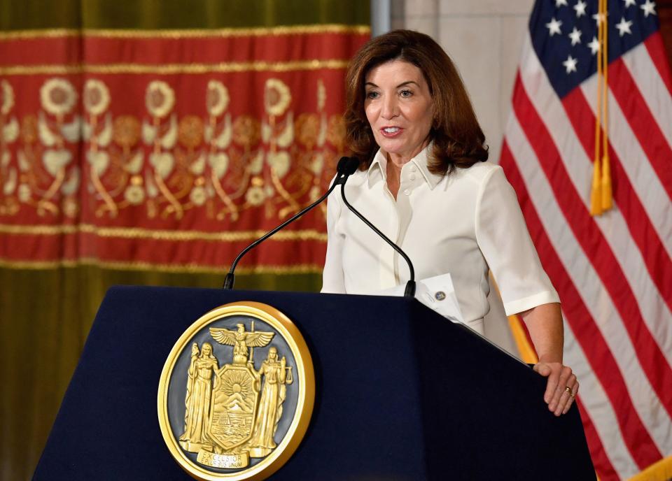 New York Governor Kathy Hochul speaks to the media during her swearing in ceremony at the New York State Capitol in Albany, New York on August 24, 2021. - New York Governor Andrew Cuomo handed over the reins of the nation's fourth most populous state to Lieutenant Governor Kathy Hochul, a fellow Democrat who will become New York's first ever female governor.