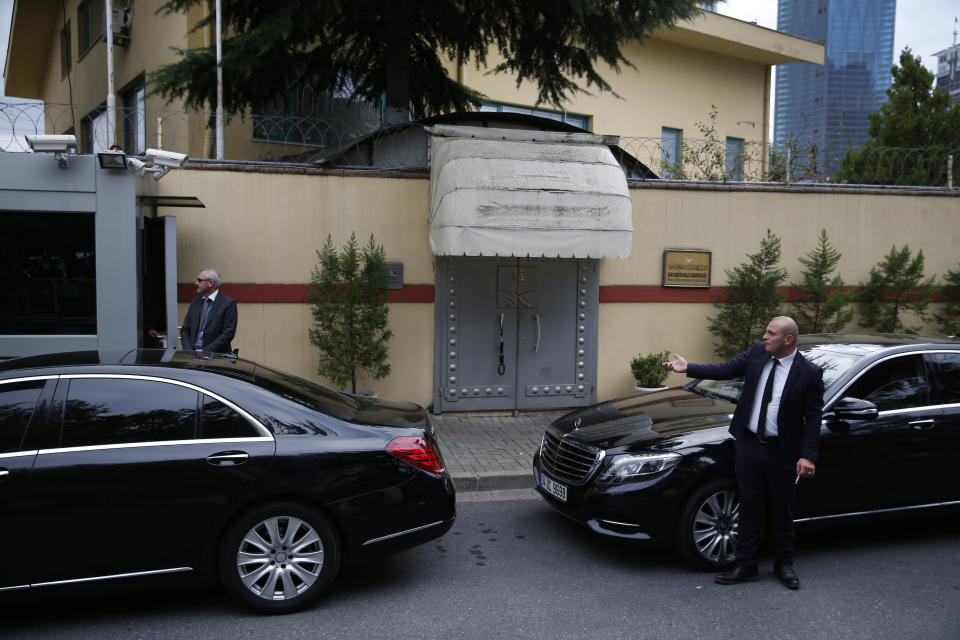 Security guards stand outside the Saudi Arabia's consulate in Istanbul, Tuesday, Oct. 9, 2018. Turkey said Tuesday it will search the consulate as it investigates why journalist Jamal Khashoggi, a contributor to the Washington Post, vanished there Oct. 2, an extraordinary probe of a diplomatic post amid Turkish officials' fears the writer had been killed inside the building. Saudi officials said he left the building unharmed.(AP Photo/Lefteris Pitarakis)