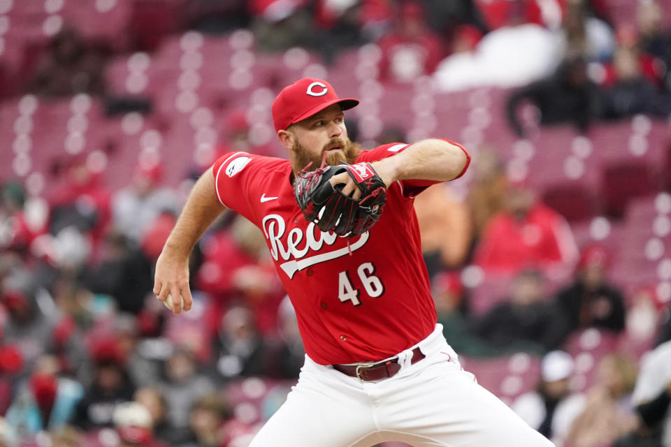 Cincinnati Reds relief pitcher Buck Farmer delivers during the seventh inning of a baseball game against the Pittsburgh Pirates, Saturday, April 1, 2023, in Cincinnati. (AP Photo/Joshua A. Bickel)