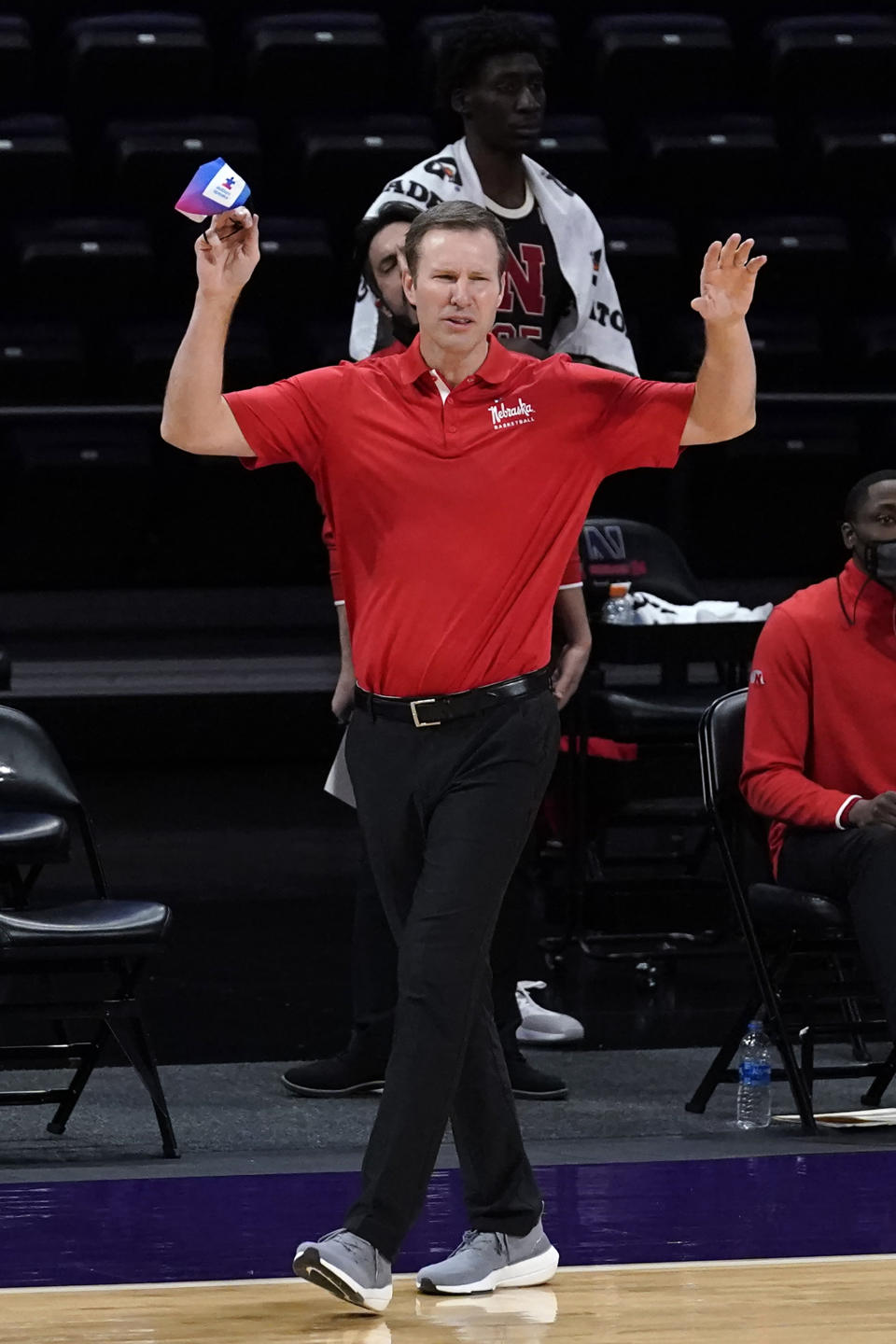Nebraska head coach Fred Hoiberg reacts to a call during the second half of an NCAA college basketball game against Northwestern in Evanston, Ill., Sunday, March 7, 2021. (AP Photo/Nam Y. Huh)