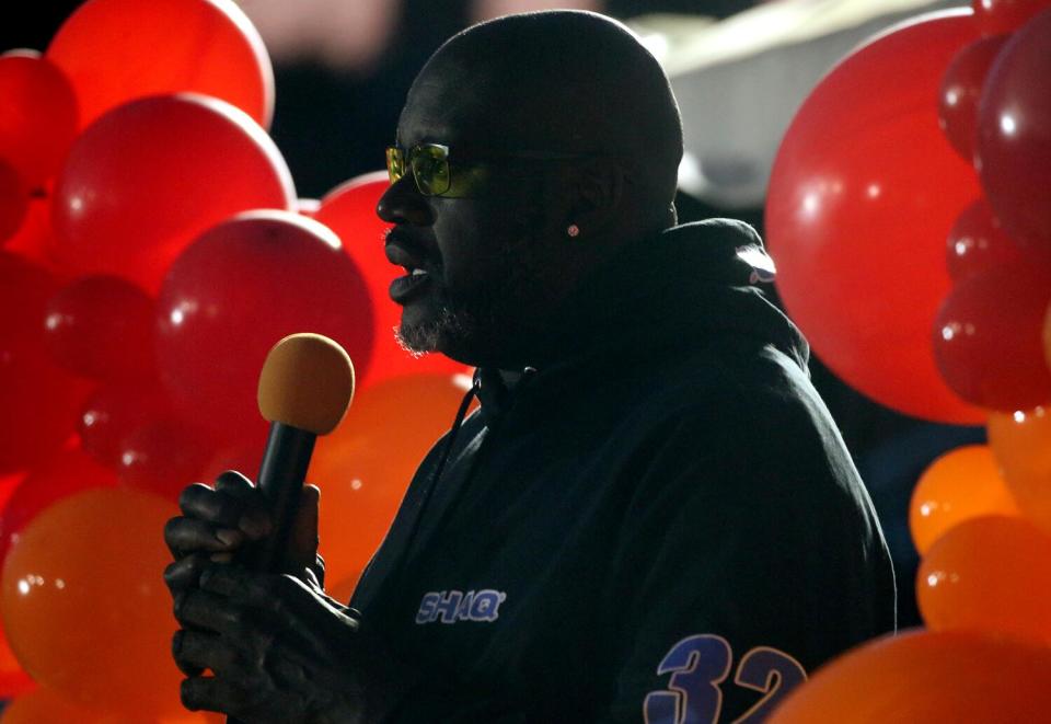 Shaquille O'Neal speaks to kids at the Challengers Boys & Girls Club.