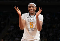 NEW YORK, NY - MARCH 07: Kevin Jones #5 of the West Virginia Mountaineers celebrates a play against the Connecticut Huskies during their second round game of the 2012 Big East Men's Basketball Tournament at Madison Square Garden on March 7, 2012 in New York City. (Photo by Jim McIsaac/Getty Images)