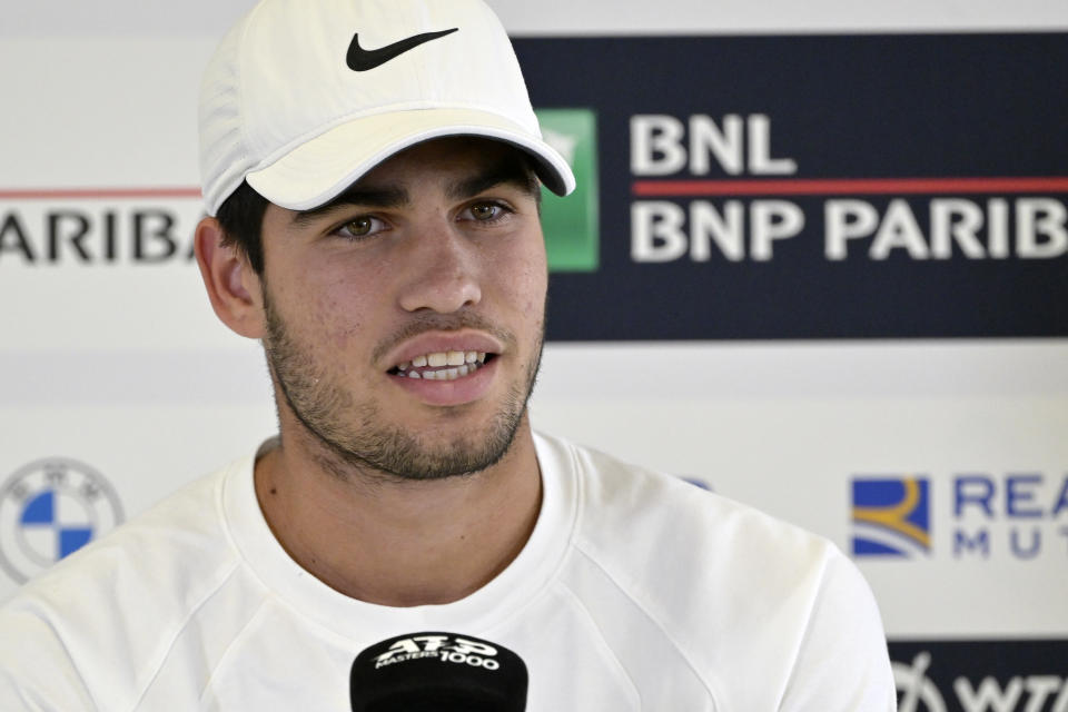 Spain's Carlos Alcaraz meets the media during a news conference at the Italian Open tennis tournament in Rome Friday, May 12, 2023. (Fabrizio Corradetti/LaPresse via AP)