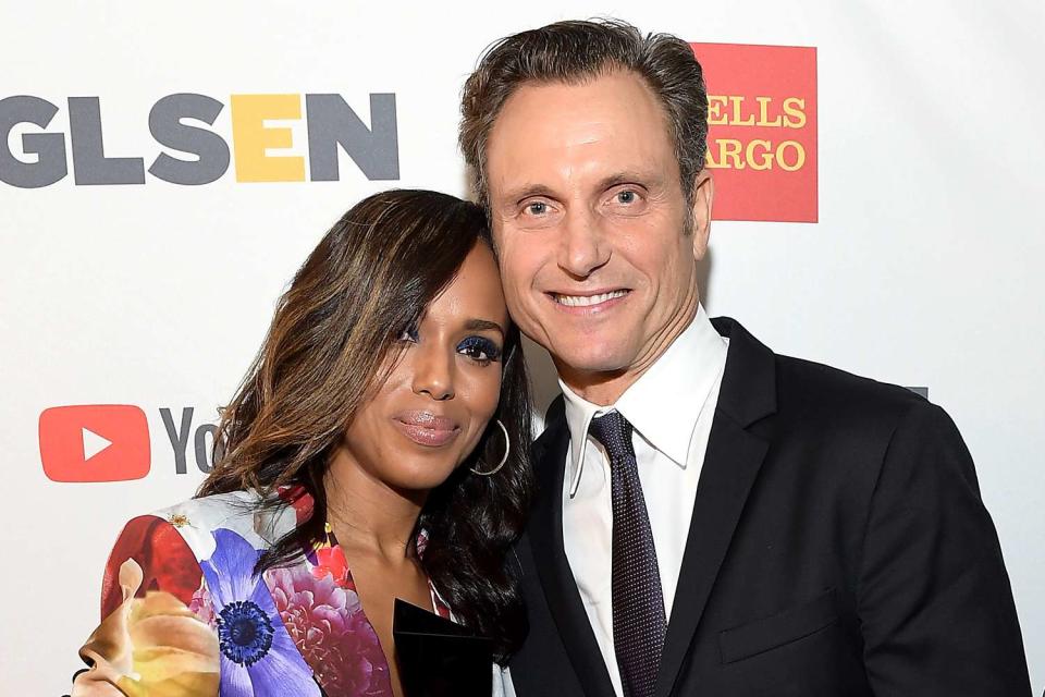 <p>Matt Winkelmeyer/Getty</p> Honoree Kerry Washington (L) and Tony Goldwyn pose with the Inspiration Award at the 2017 GLSEN Respect Awards at the Beverly Wilshire Hotel on October 20, 2017