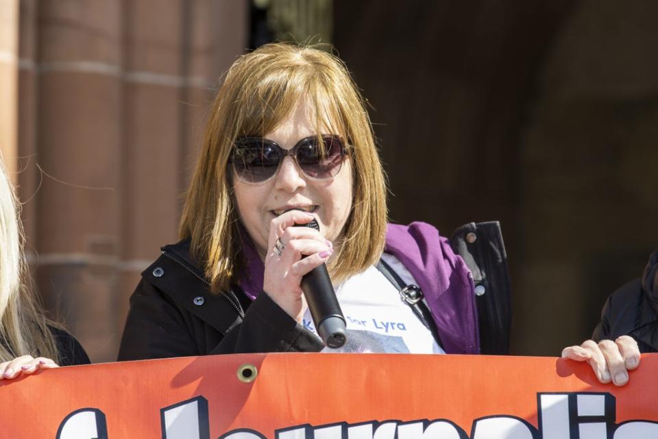 Lyra McKee’s sister Nichola Corner speaking during a vigil attended by members of the National Union of Journalists (NUJ) at the Guildhall in Derry, to mark the third anniversary of Lyra McKee’s murder. (PA Wire)