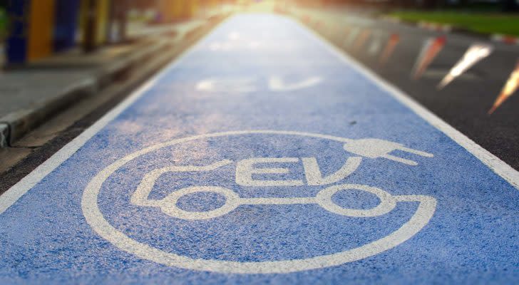 EV stocks: Electric vehicle logo painted on a blue street