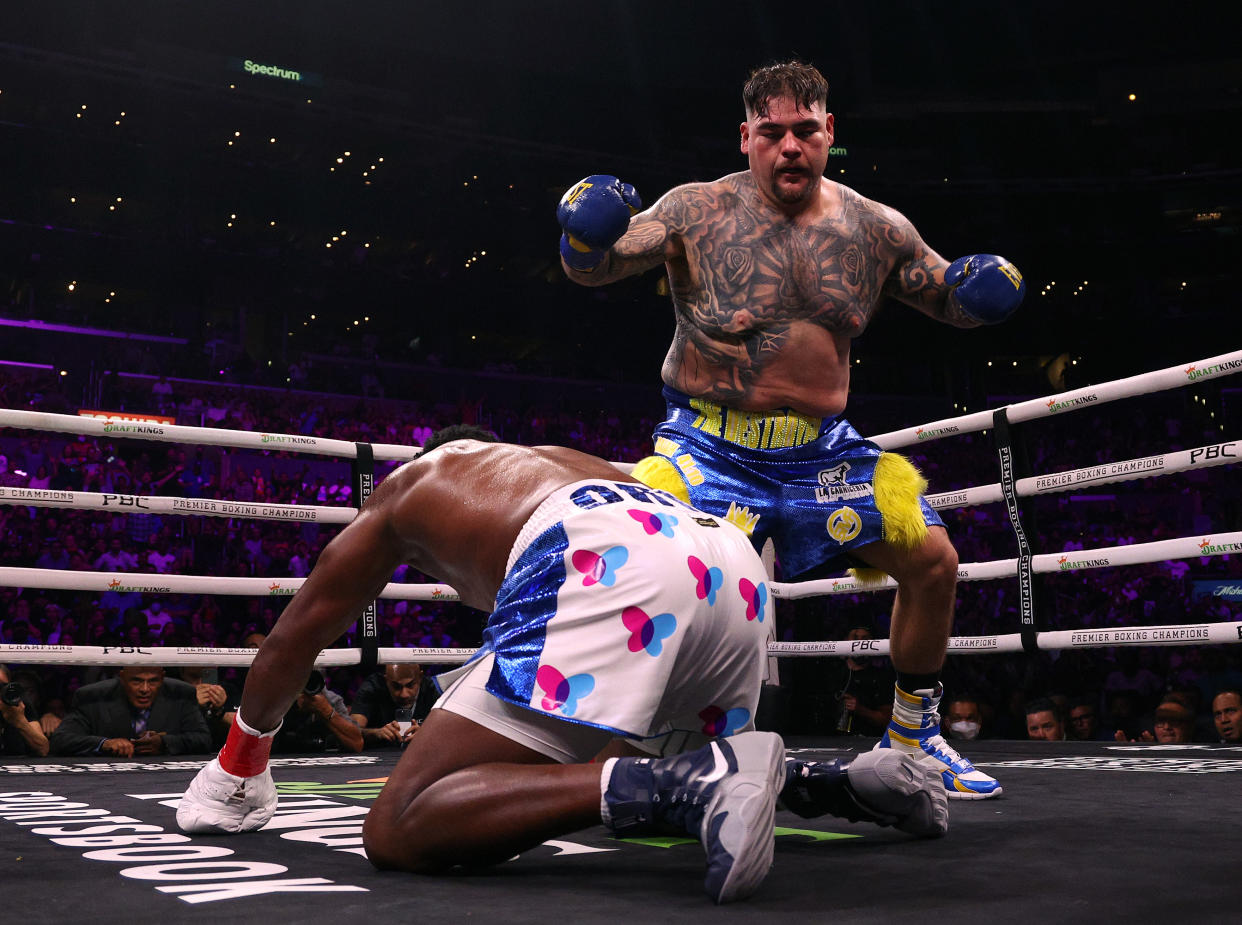 LOS ANGELES, CALIFORNIA - SEPTEMBER 04: Andy Ruiz Jr. reacts after knocking down Luis Ortiz on his way to a unanimous decision win during a WBC world heavyweight title eliminator fight on September 04, 2022 in Los Angeles, California. (Photo by Harry How/Getty Images)