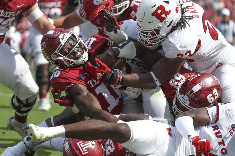 Temple quarterback Quincy Patterson (16) scores a touchdown in the first quarter of an NCAA college football game against Rutgers at Lincoln Financial Field in Philadelphia on Saturday, Sept. 17, 2022. (Heather Khalifa/The Philadelphia Inquirer via AP)