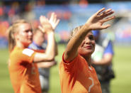Netherlands' Shanice Van De Sanden acknowledges supporters after the Women's World Cup Group E soccer match between New Zealand and the Netherlands in Le Havre, France, Tuesday, June 11, 2019. The Netherlands won the match 1-0. (AP Photo/Francisco Seco)