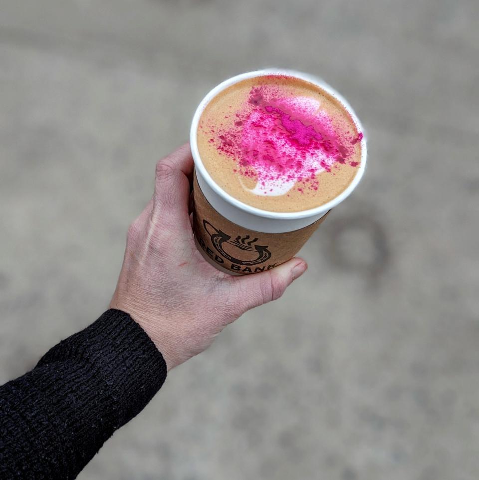 The Chocolate Rose Latte with cocoa powder, rose extract, dragon fruit and espresso, a winter special from Coffee Corral in Red Bank.