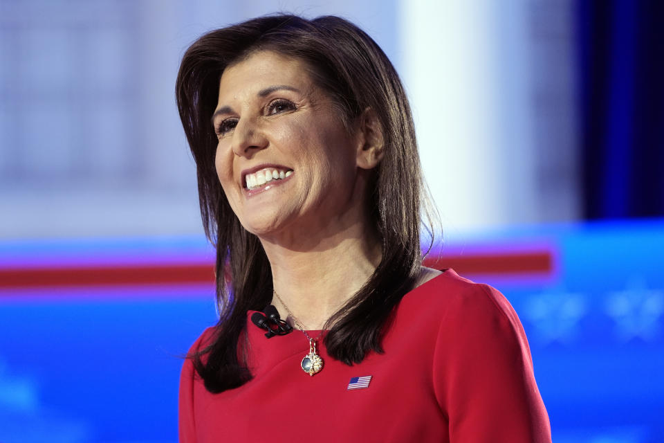 Republican presidential candidate former UN Ambassador Nikki Haley smiles during a break during a Fox News Town Hall, Monday, Jan. 8, 2024, in Des Moines, Iowa. (AP Photo/Charlie Neibergall)