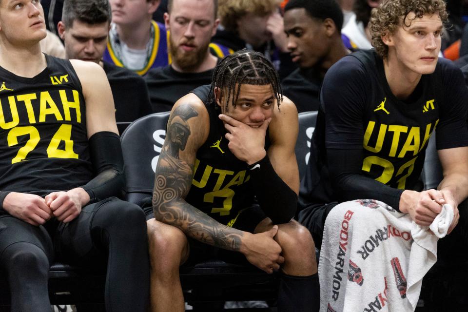 Utah Jazz guard Keyonte George (3) sits on the bench at the end of a game agains the Golden State Warriors at the Delta Center in Salt Lake City on Monday, Feb. 12, 2024. | Marielle Scott, Deseret News