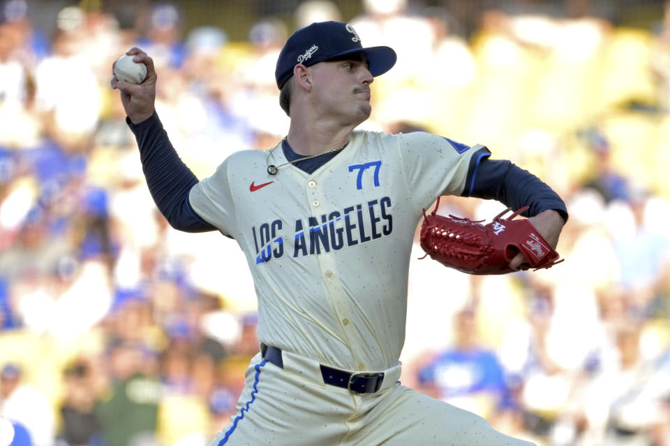 Los Angeles Dodgers' River Ryan delivers to the plate in the first inning against the Pittsburgh Pirates during a baseball game Saturday, Aug. 10, 2024, in Los Angeles. (AP Photo/Jayne-Kamin-Oncea)