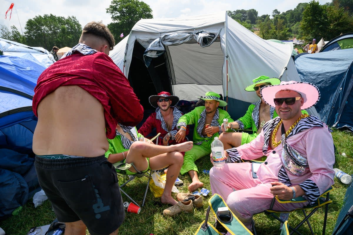 Festival-goers wear matching costumes at the start of day two of Glastonbury Festival 2023 on June 22, 2023 (Getty Images)