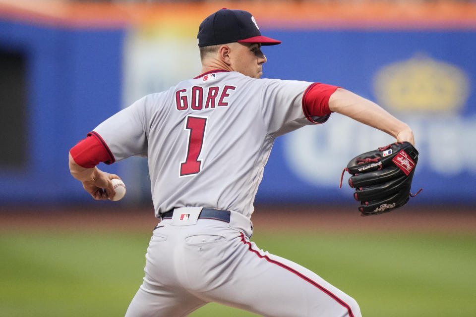 Washington Nationals' MacKenzie Gore pitches during the first inning of the team's baseball game against the New York Mets on Friday, July 28, 2023, in New York. (AP Photo/Frank Franklin II)