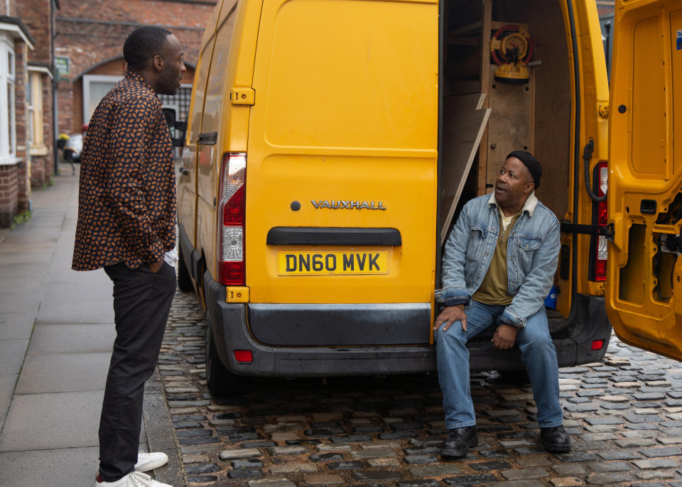 FROM ITV

STRICT EMBARGO - No Use Before Tuesday 14th November 2023

Coronation Street - Ep 11116

Monday 20th November 2023

Michael Bailey [RYAN RUSSELL] tells Ed Bailey [TREVOR MICHAEL-GEORGES] that Grandad Sarge called and heâ€™ll be joining them for Christmas

Picture contact - David.crook@itv.com

Photographer - Danielle Baguley

This photograph is (C) ITV and can only be reproduced for editorial purposes directly in connection with the programme or event mentioned above, or ITV plc. This photograph must not be manipulated [excluding basic cropping] in a manner which alters the visual appearance of the person photographed deemed detrimental or inappropriate by ITV plc Picture Desk. This photograph must not be syndicated to any other company, publication or website, or permanently archived, without the express written permission of ITV Picture Desk. Full Terms and conditions are available on the website www.itv.com/presscentre/itvpictures/terms
