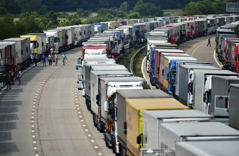 Trucks are parked on the M20 motorway near Ashford in Kent, on July 1, 2015, waiting to board ferries to France