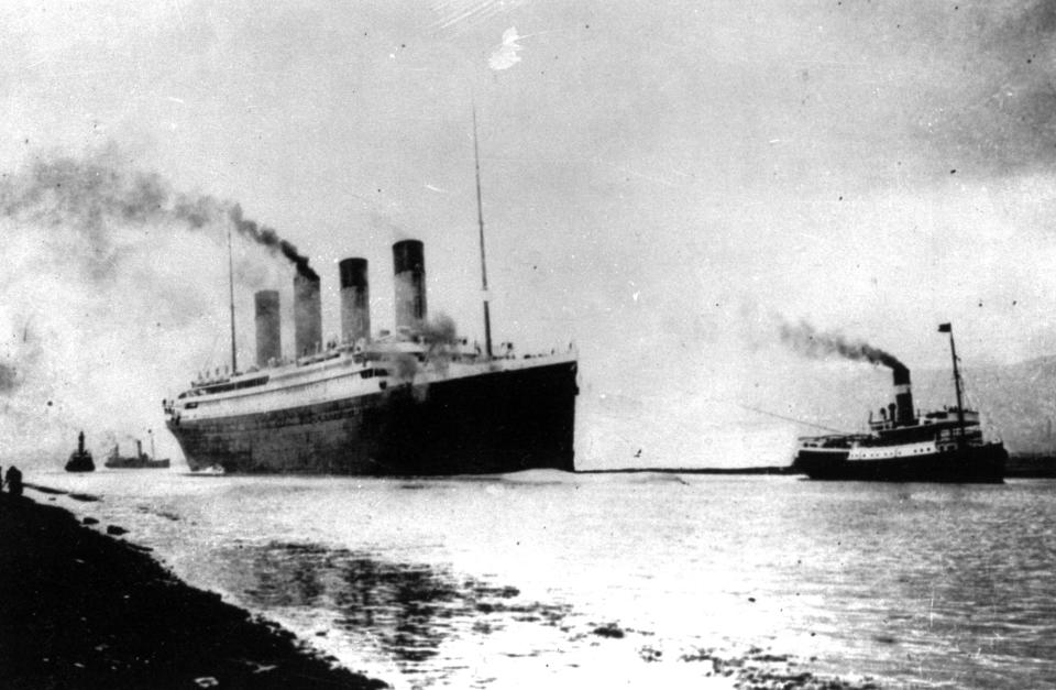 FILE - In this April 10, 1912 file photo, the luxury liner Titanic departs Southampton, England, on her maiden Atlantic Ocean voyage to New York. Celebrating the ship and the people who built her is the aim of Titanic Belfast, a shiny new "visitor experience" _ don't call it a museum _ whose four prow-like wings jut jauntily skyward beside the River Lagan on the site of the old Harland and Wolff shipyard. Titanic, the world's largest, most luxurious ocean liner, left this spot on April 2, 1912 on its maiden voyage from England to New York. Twelve days later, it stuck an iceberg off the coast of Newfoundland and sank in the early hours of April 15. More than 1,500 of the 2,200 people on board died. (AP Photo, File)