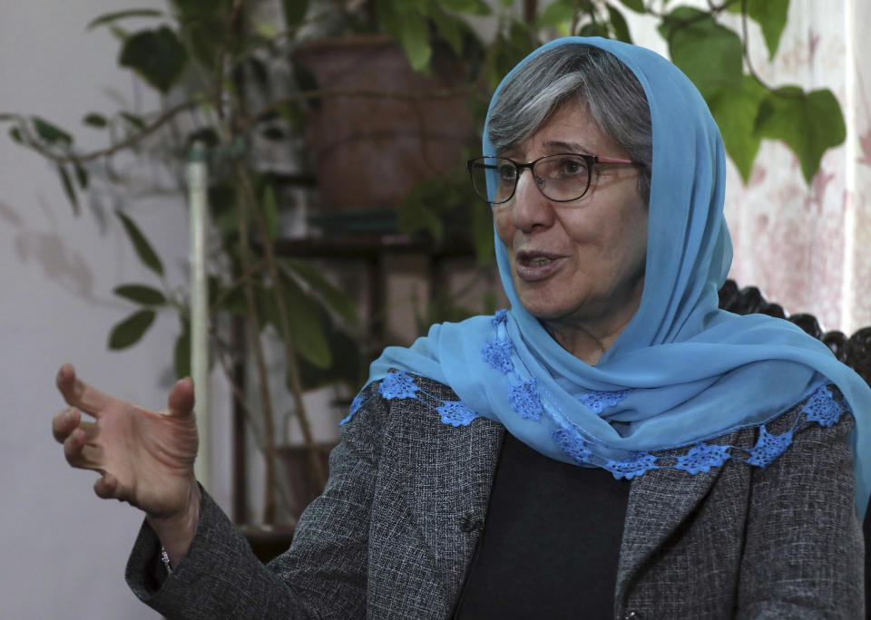 Sima Samar, a prominent activist and physician, who has been fighting for women’s rights in Afghanistan for the past 40 years, gives an interview to The Associated Press, at her house in Kabul, Afghanistan, Saturday, March 6, 2021. Samar, 64, believes her struggle is far from over -- especially at a time when violence is on the rise, peace talks between rival Afghan groups are stuck and the U.S. mulls its departure. (AP Photo/Rahmat Gul)