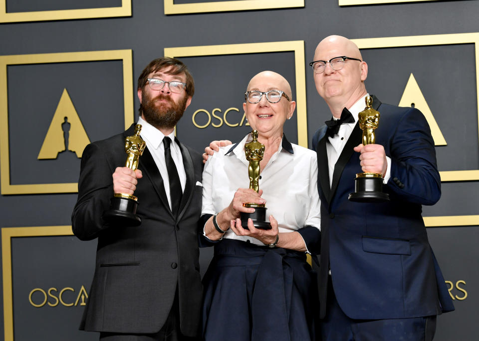 Filmmakers Jeff Reichert, Julia Reichert, and Steven Bognar, winners of the Documentary Feature award for “American Factory,” pose in the press room during the 92nd Annual Academy Awards at Hollywood and Highland on February 09, 2020 in Hollywood, California. (Photo by Amy Sussman/Getty Images)