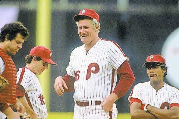 Phillies manager Dallas Green with, from left, Bob Boone, Larry Bowa and Manny Trillo at Veterans Stadium in 1980.