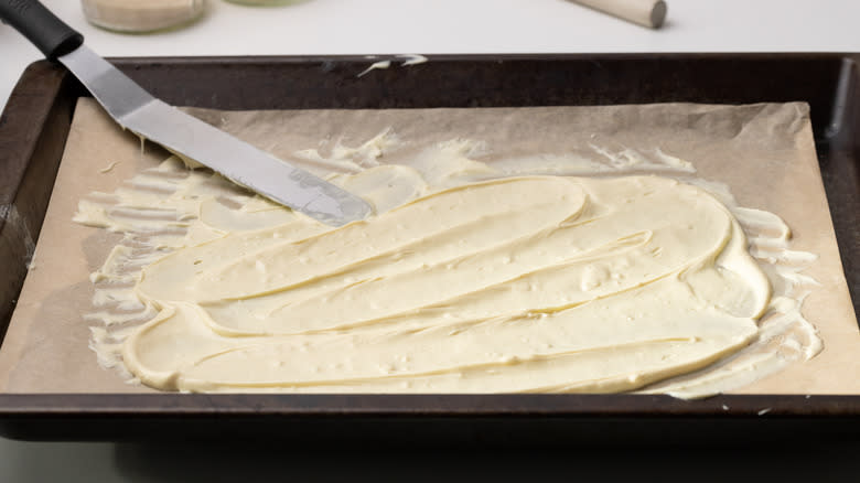 white chocolate on oven tray