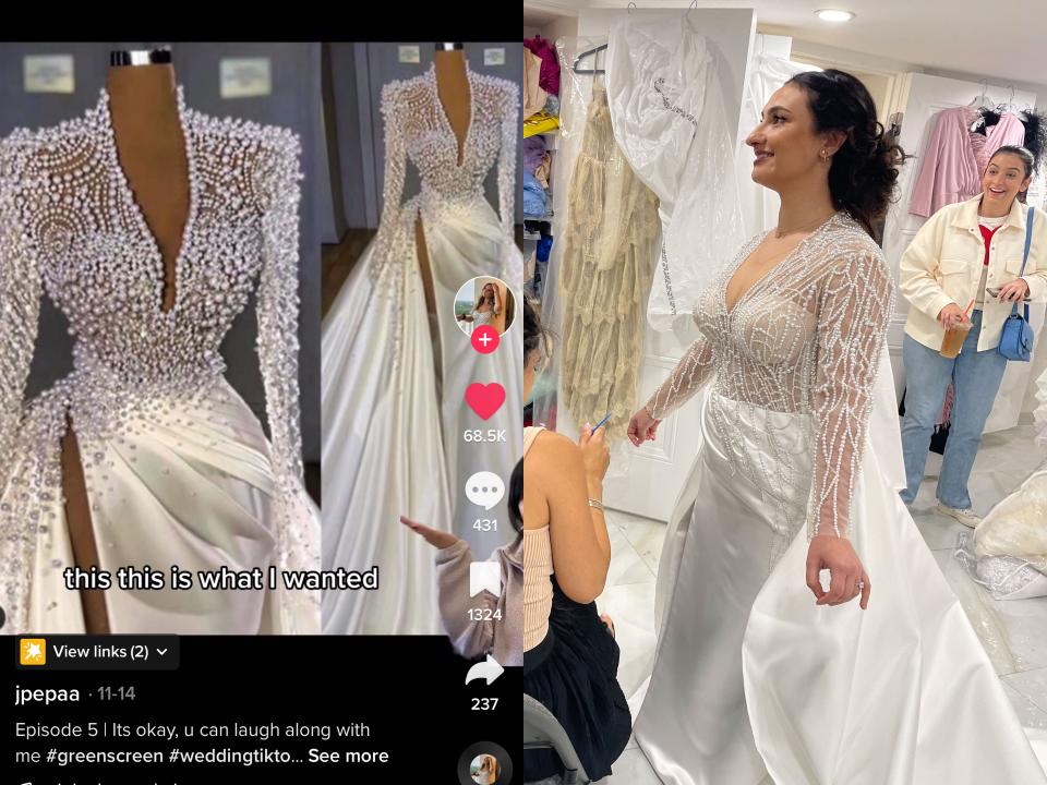 composite image of Pepa's tiktok showing her goal dress and then an image of Pepa in her final fitting wearing the actual custom dress