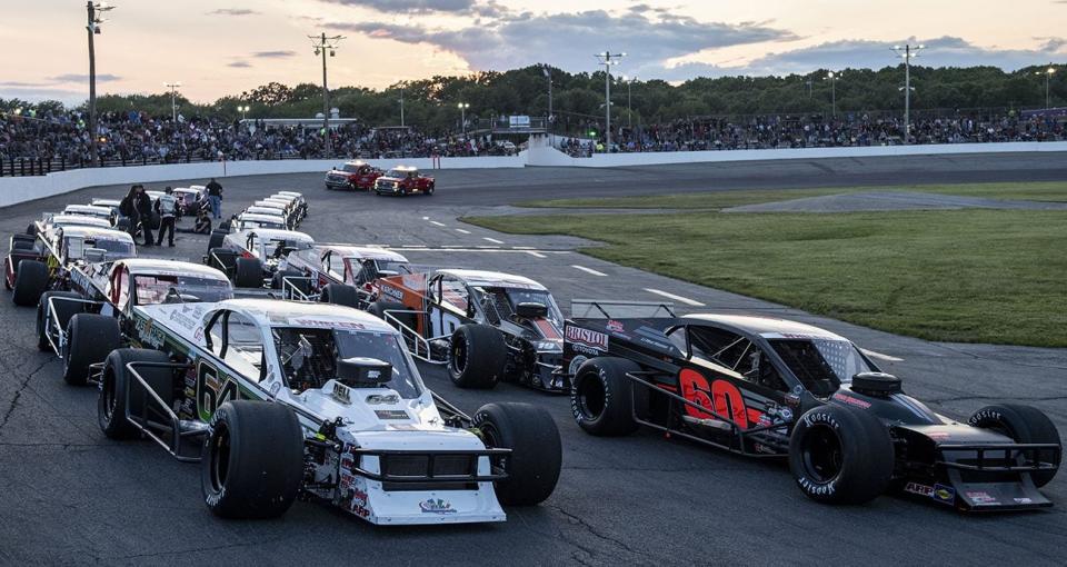 Drivers line up before the race during the Seekonk 150 for the Whelen Modified Tour at Seekonk Speedway on June 10, 2023 in Seekonk, Massachusetts. (Armond Feffer/NASCAR)