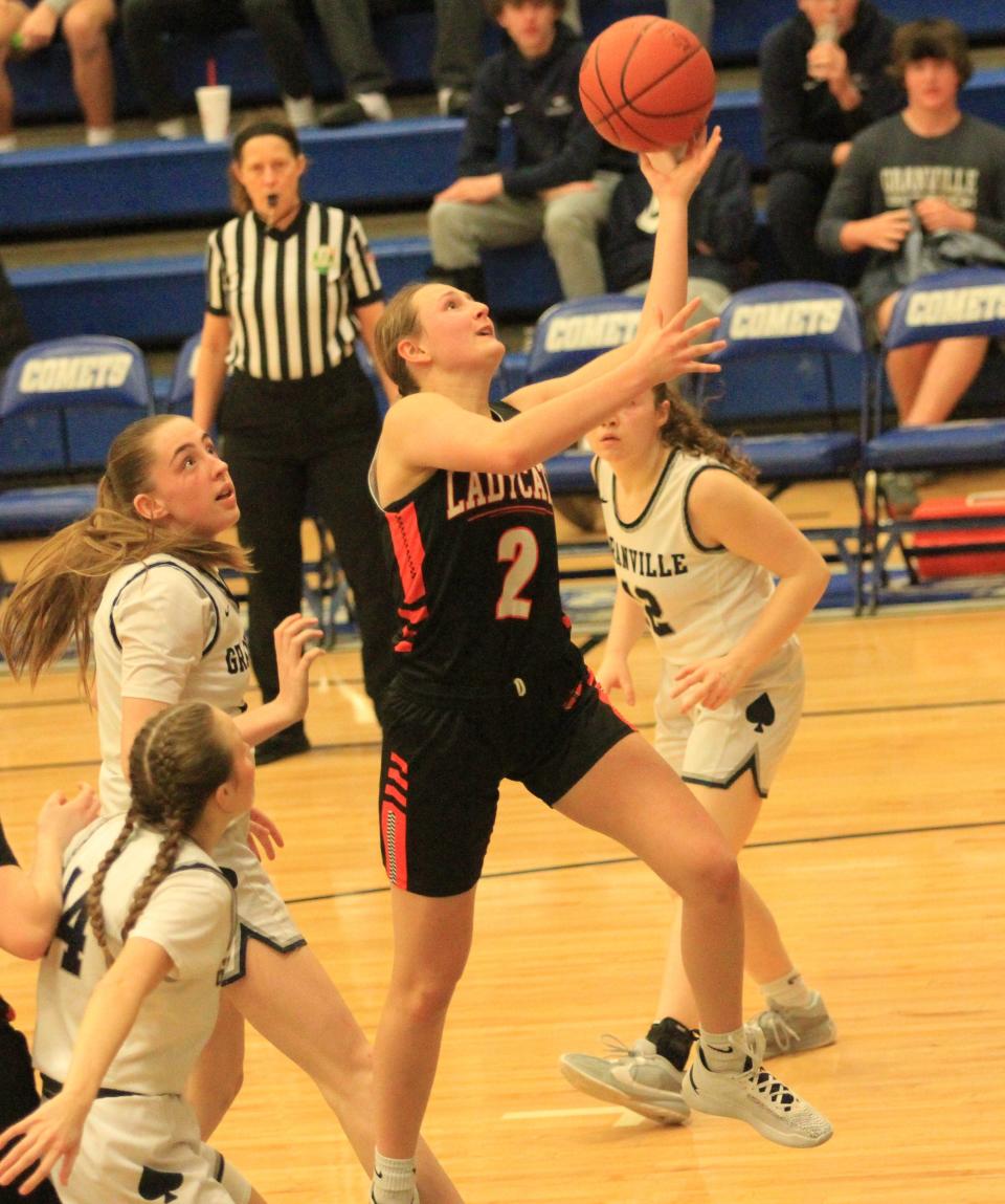 North Union's Audrey Benedict attempts a layup during Granville's 55-49 victory to win the Division II district championship at Central Crossing on Saturday, March 2, 2024.