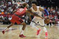 Orlando Magic's Paolo Banchero drives against Houston Rockets' Trhae Mitchell during the first half an NBA summer league basketball game Thursday, July 7, 2022, in Las Vegas. (AP Photo/John Locher)